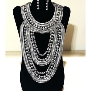 Elegant Silver Statement Necklace and Earring Set